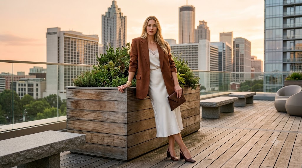 Rust Brown Oversized Blazer & Ivory Silk Slip Skirt